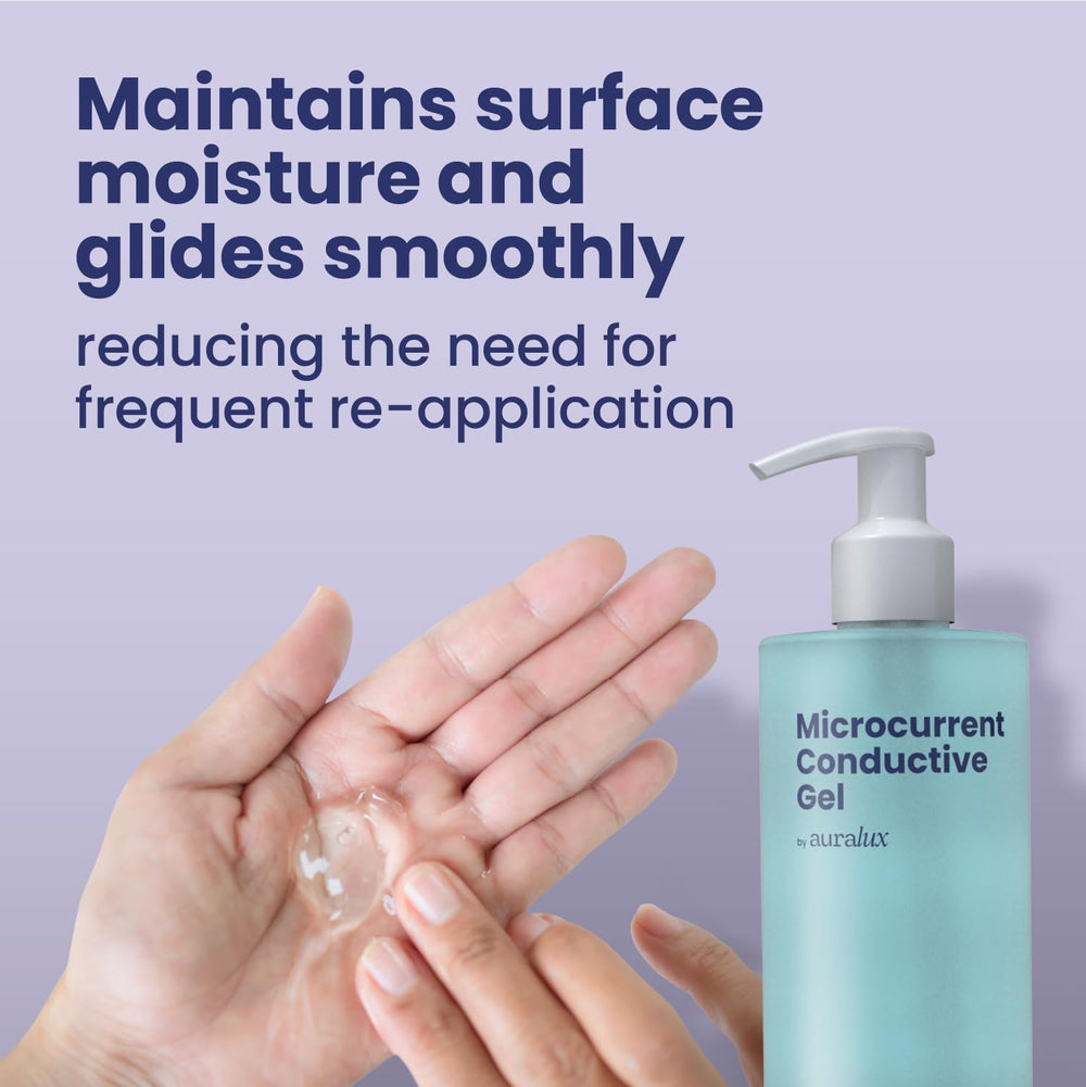 Berkland Auralux gel on skin highlighting hydration during microcurrent session.