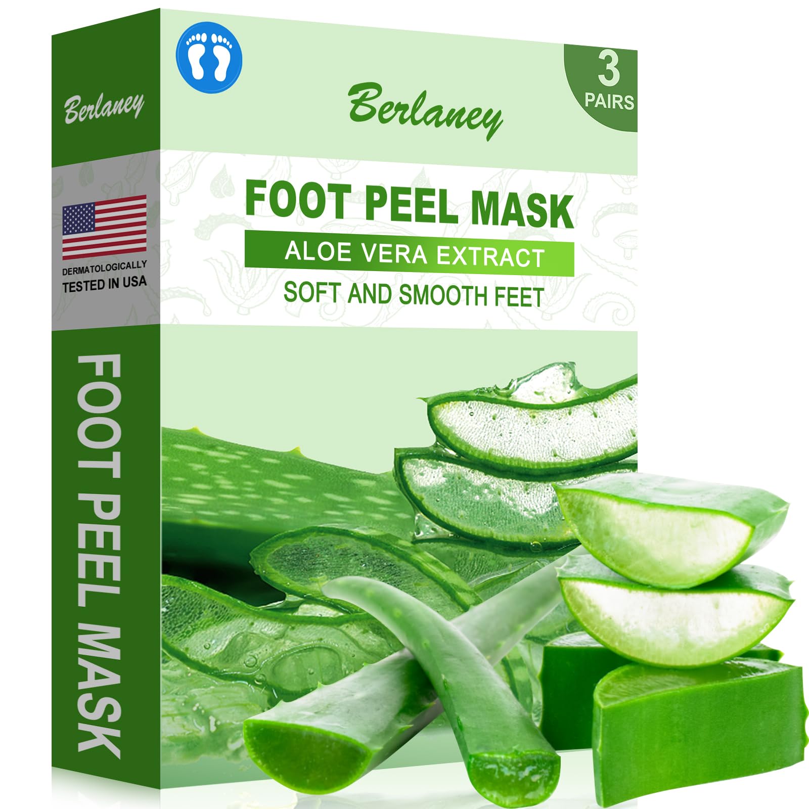 Berlaney Aloe Foot Peel Pack three-pairs laid out for spa-like exfoliation.