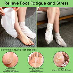Berlaney Aloe Foot Peel wearing socks shows easy at-home treatment session.