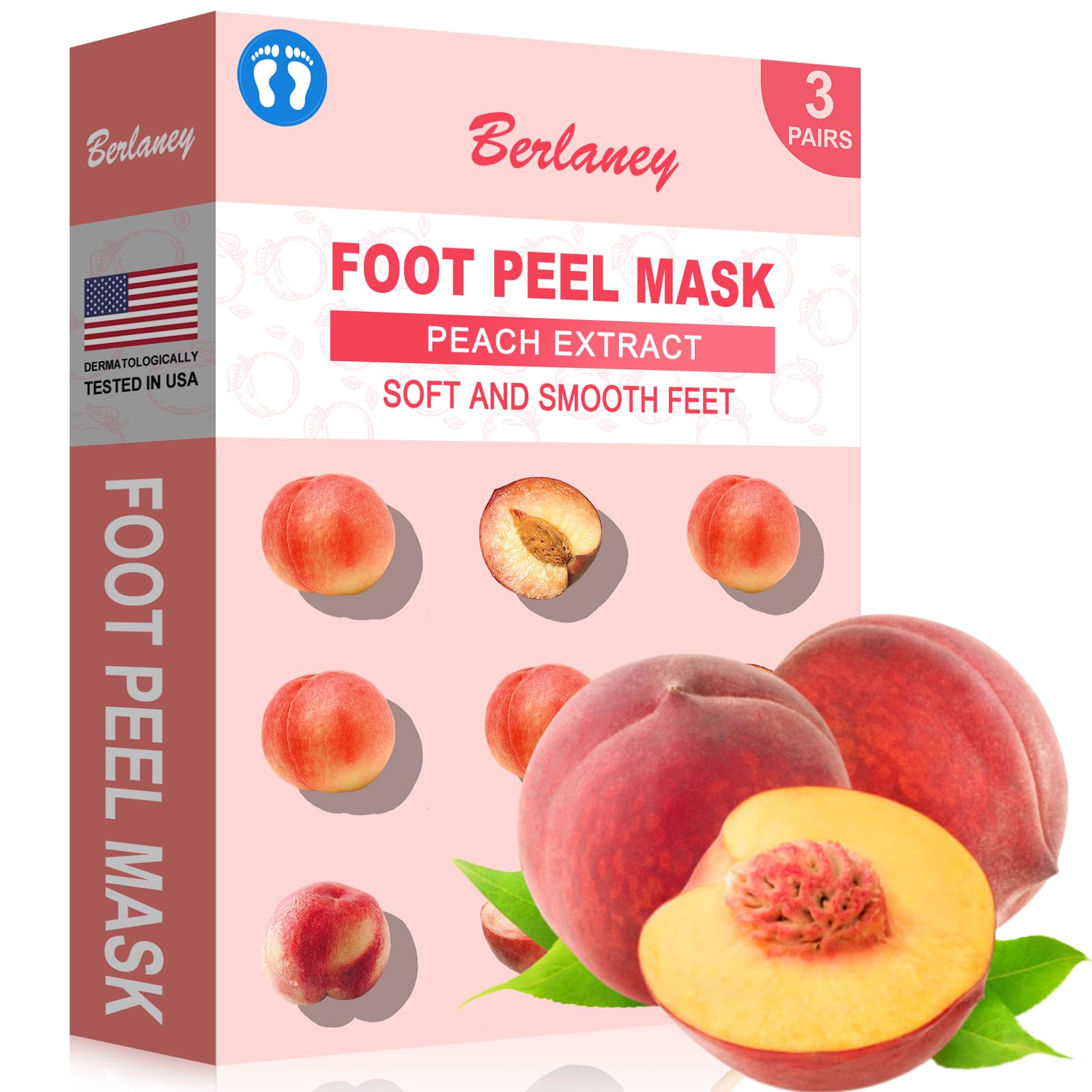 Berlaney Peach Foot Mask packaging showing 3 pairs for at-home spa care