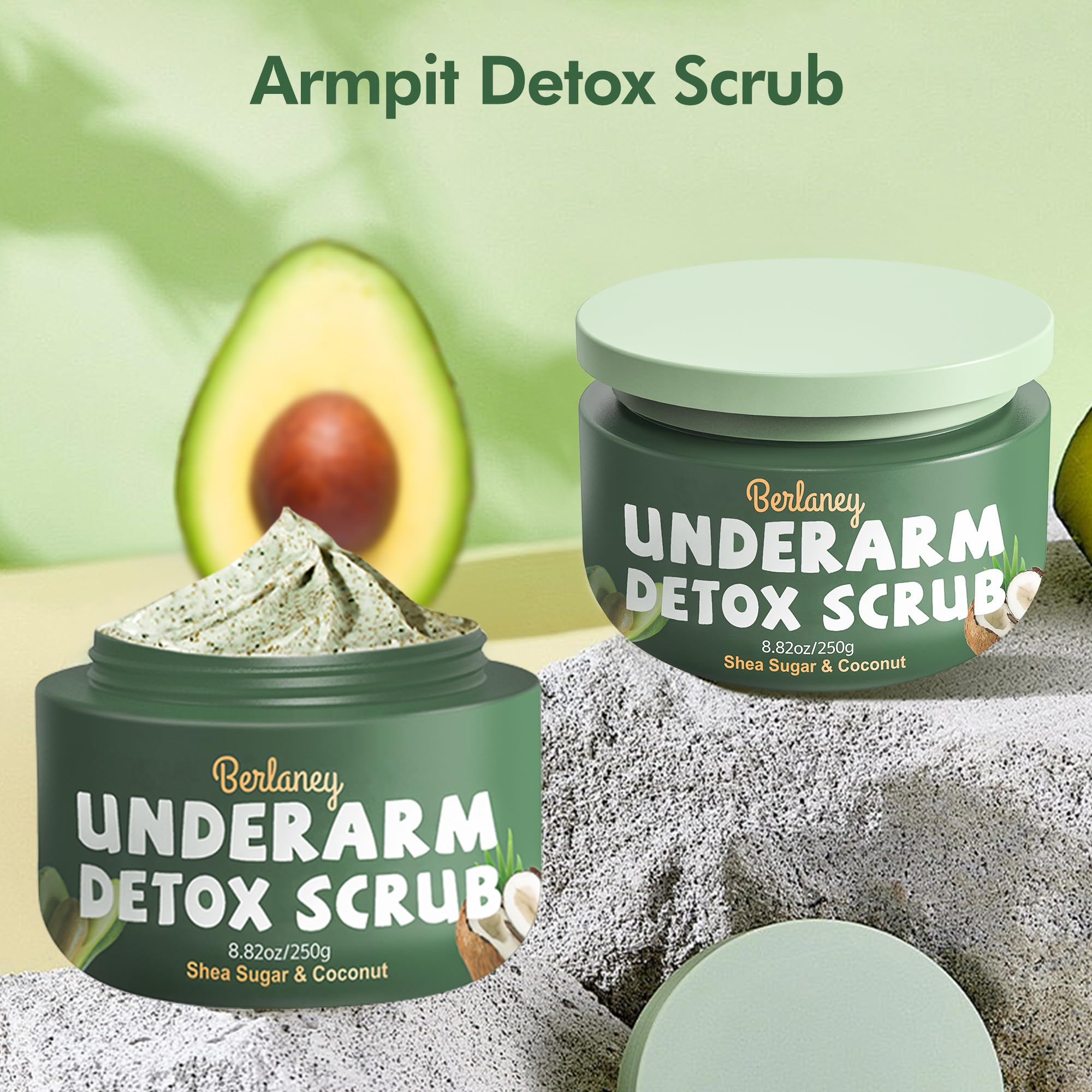 Berlaney scrub application on arm demonstrates cleansing and exfoliation for underarm care.