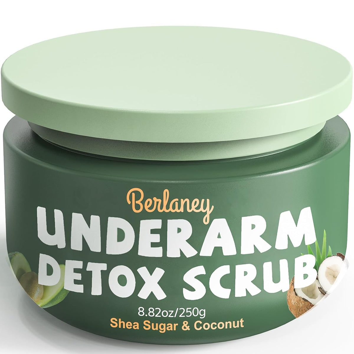 Berlaney Shea Butter Coconut Scrub bottle highlights gentle exfoliation for soft, hydrated skin.