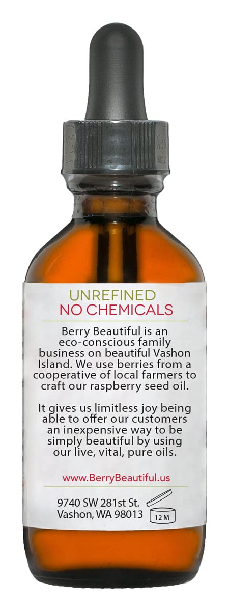 Berry Beautiful Raspberry Seed Oil USA production badge underscores local, small-batch craftsmanship.