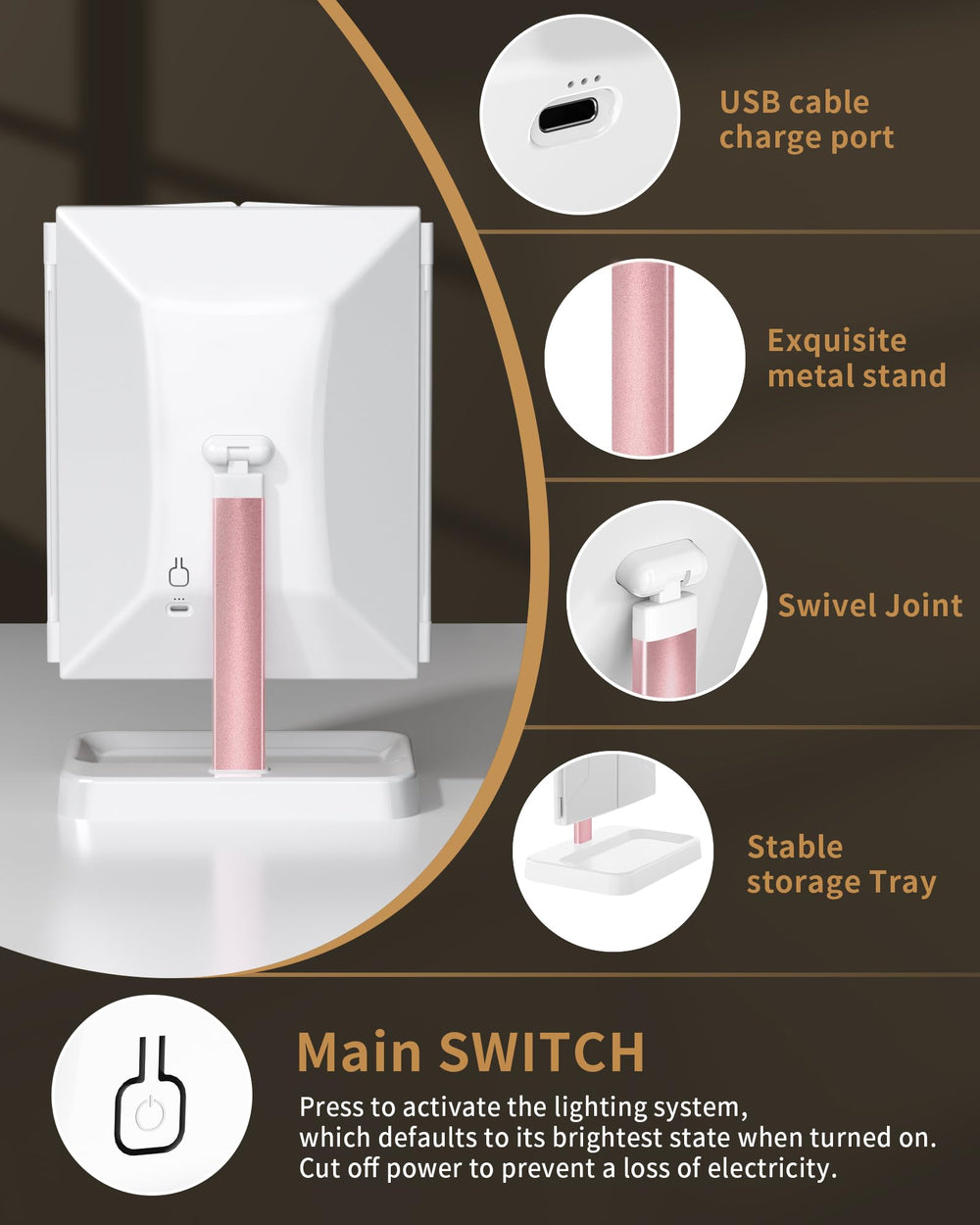 BERTHALESS rechargeable mirror with USB cable for power on the go.