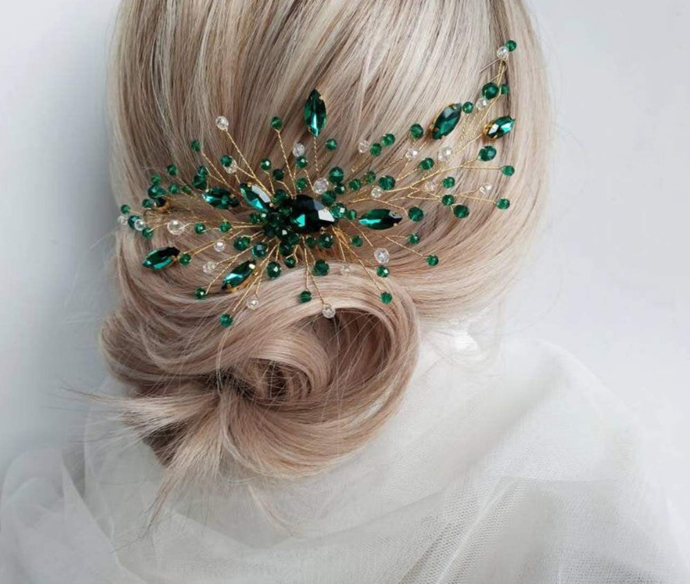 BERYUAN bride hair comb green crystal wedding look enhancement.