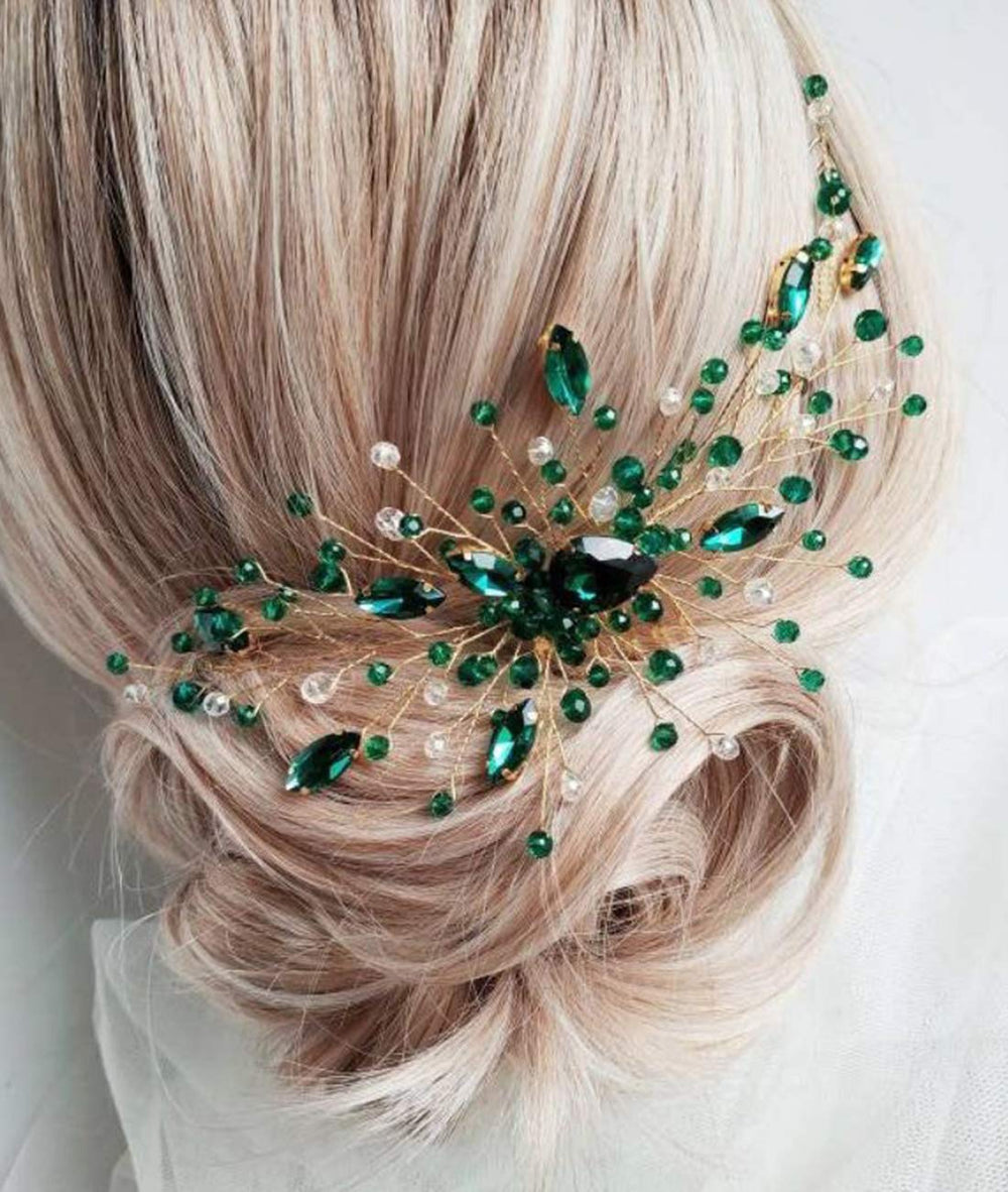 BERYUAN hair comb teardrop green crystal front view for bridal shine.