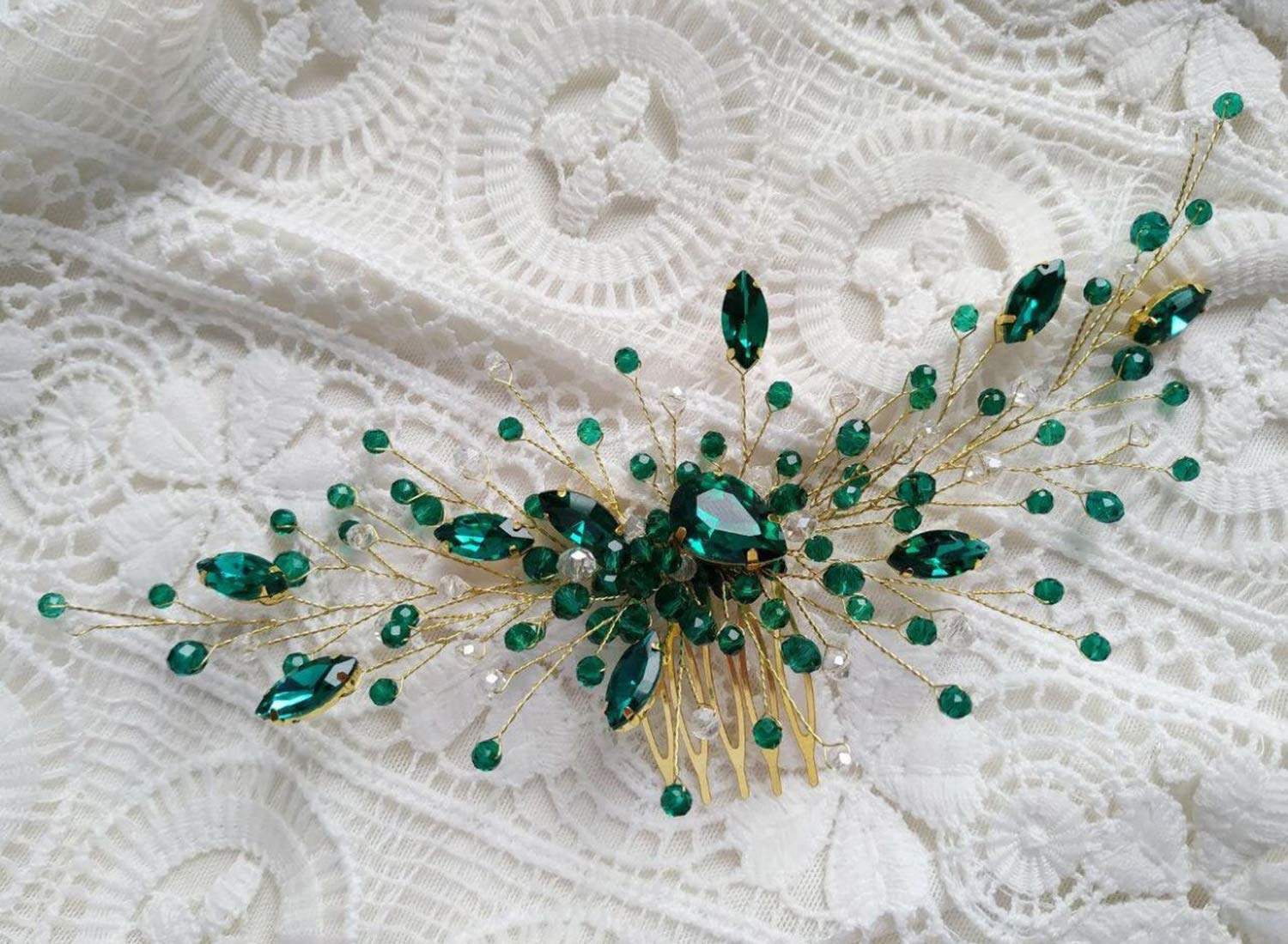 BERYUAN hair comb teardrop green crystal side view enhances wedding-day look.
