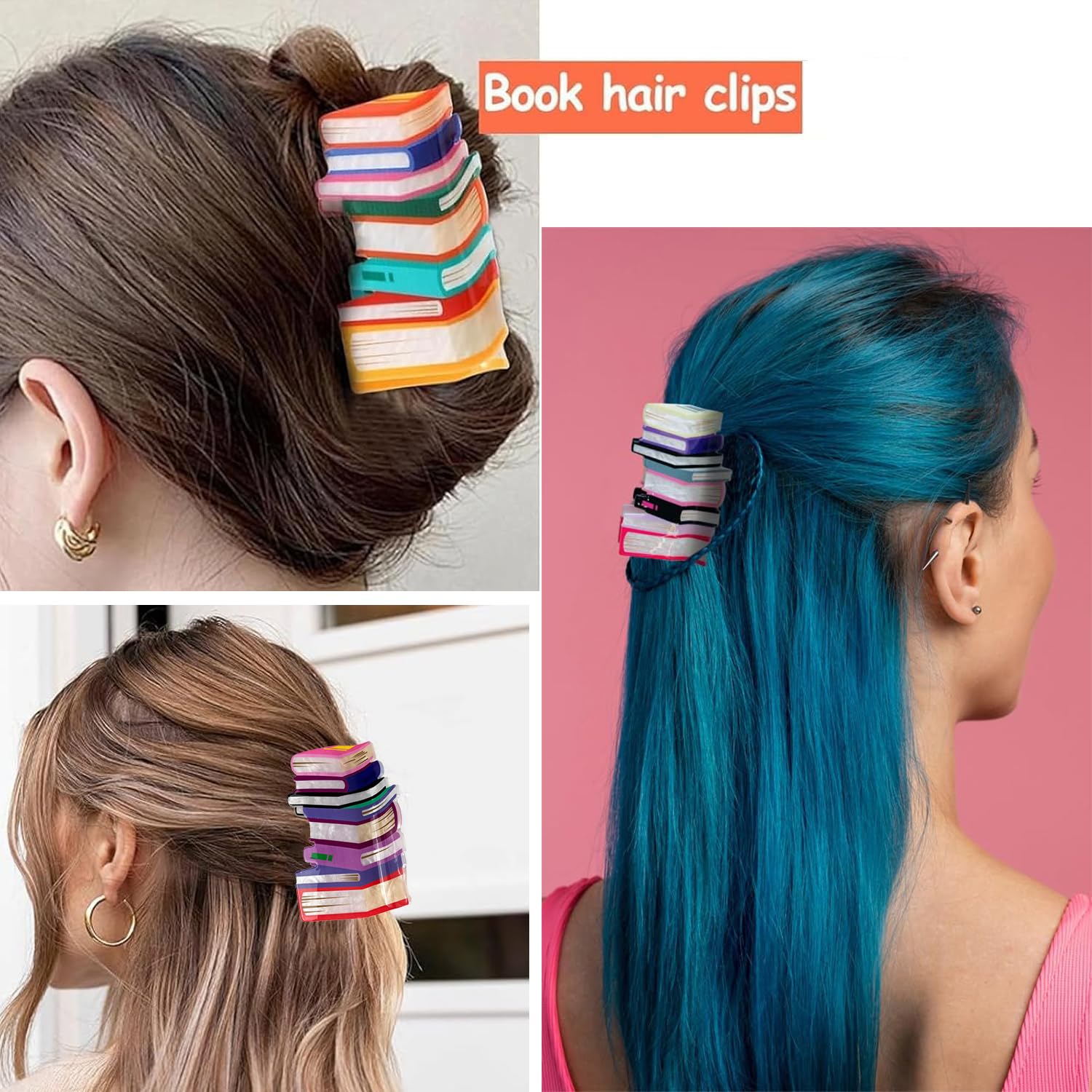 Besaleck book hair claw orange clip adds vibrant back-to-school flair.