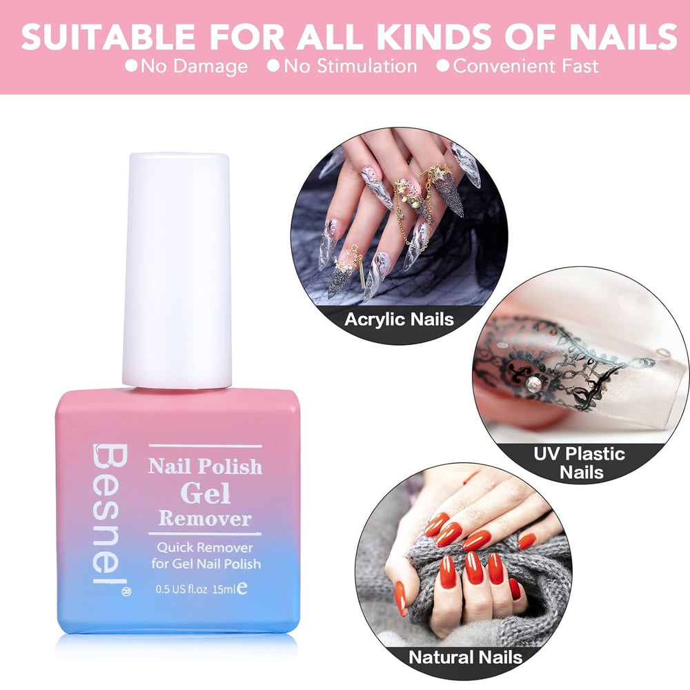 BESNEL gel nail polish remover bottle in-use demonstrates fast 2-3 minute removal