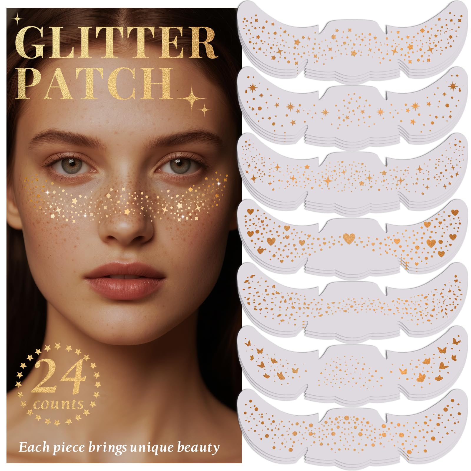BESNEL glitter freckles patches 24pc pack with varied patterns for effortless festival makeup