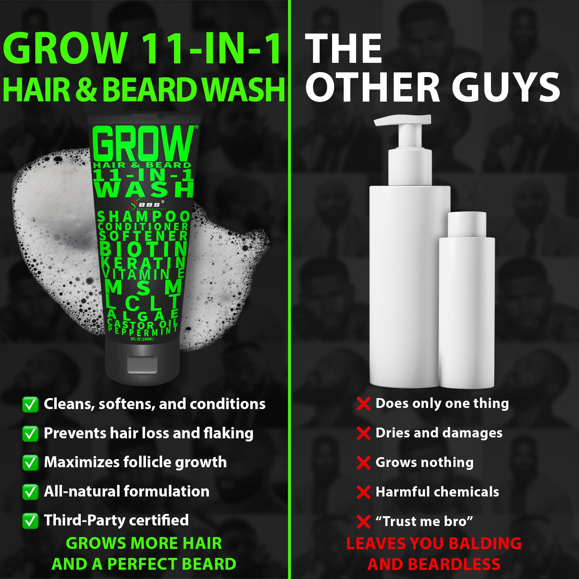 Best Beard Stuff GROW 11in1 ingredient icons highlight biotin and peppermint benefits.