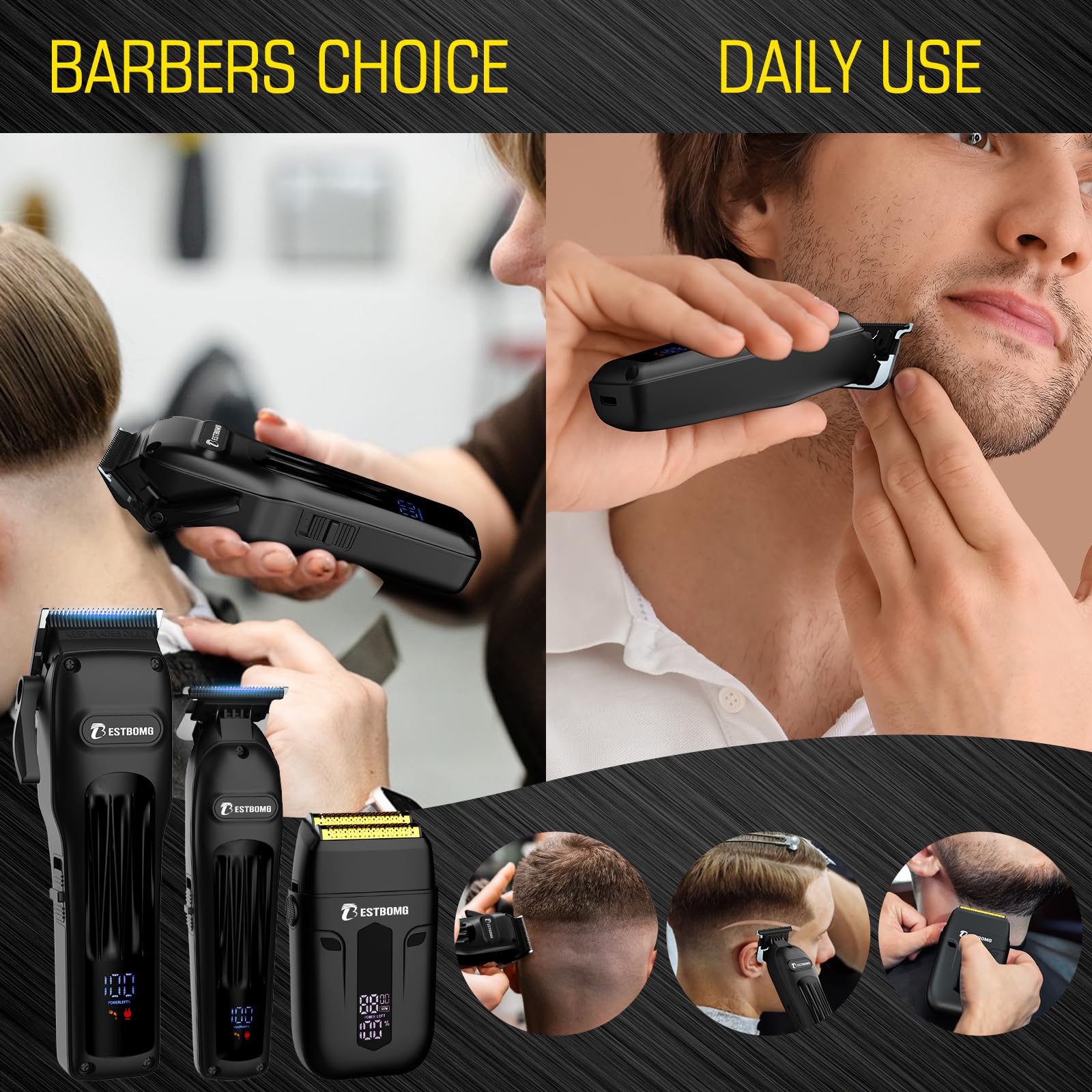BESTBOMG BS-808A cordless shaver image highlights quick cleanups and convenience.