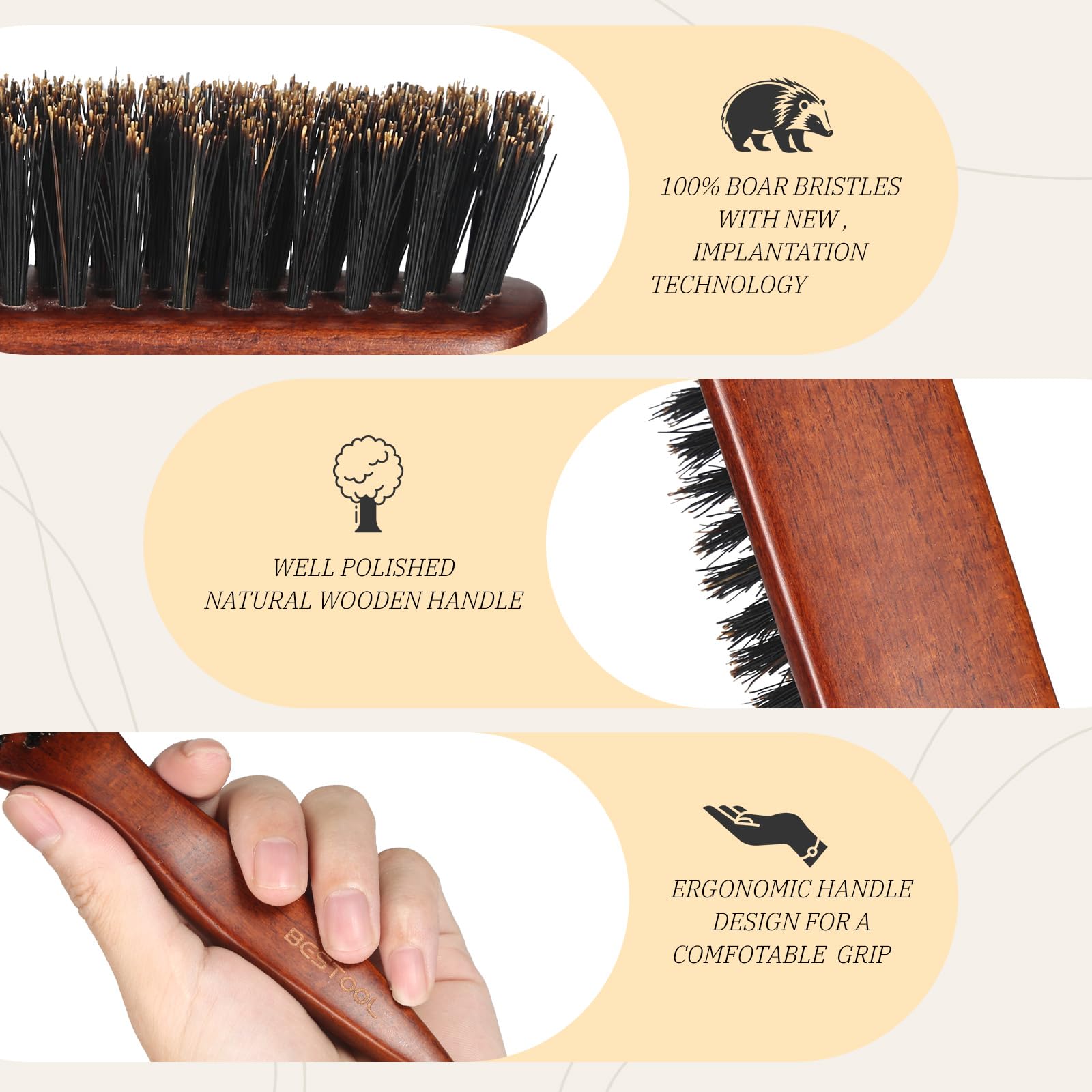 BESTOOL hair brush sleek back style on model for tame flyaways and defined edges.
