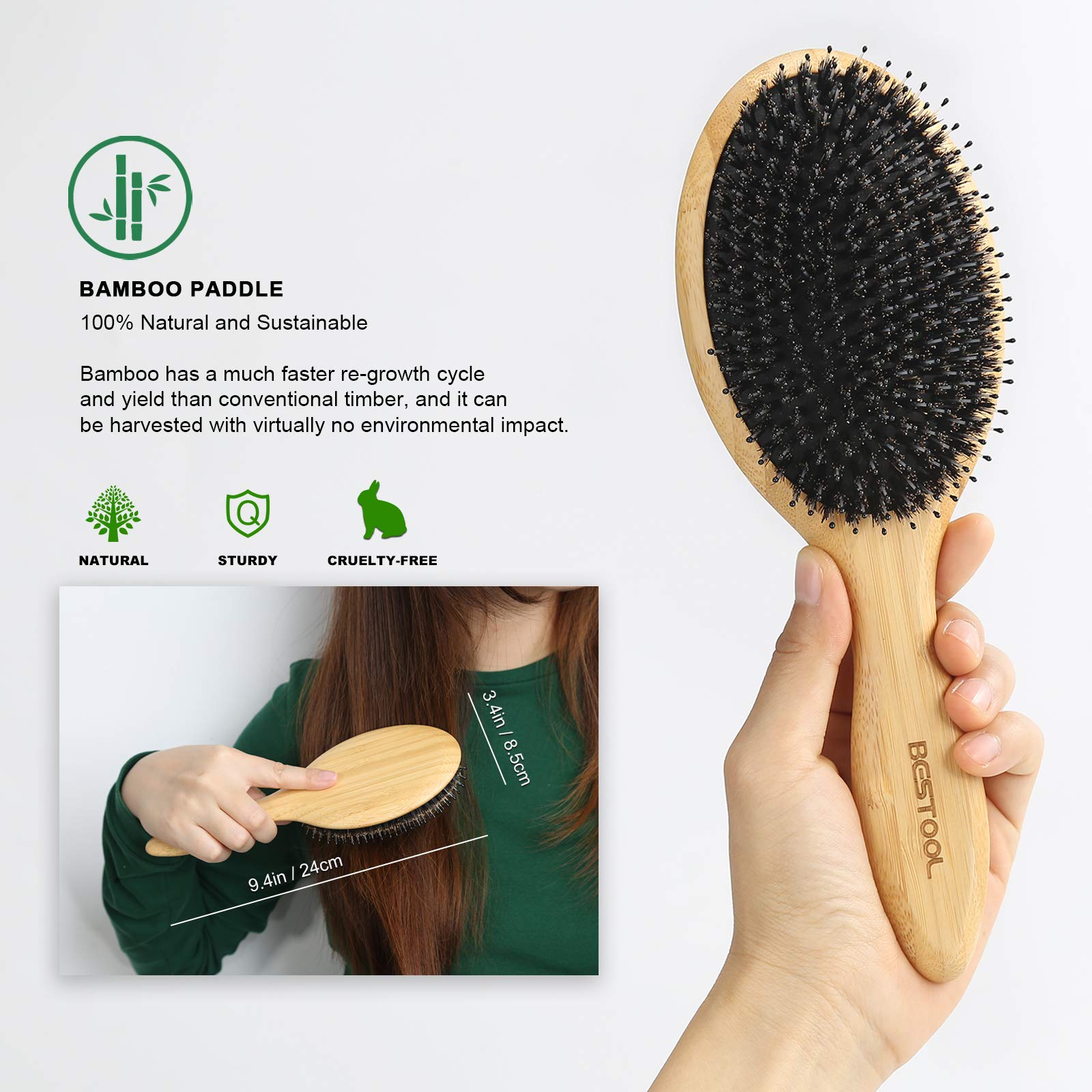 BESTOOL Hair Brush used on long women's hair for smoother detangling.