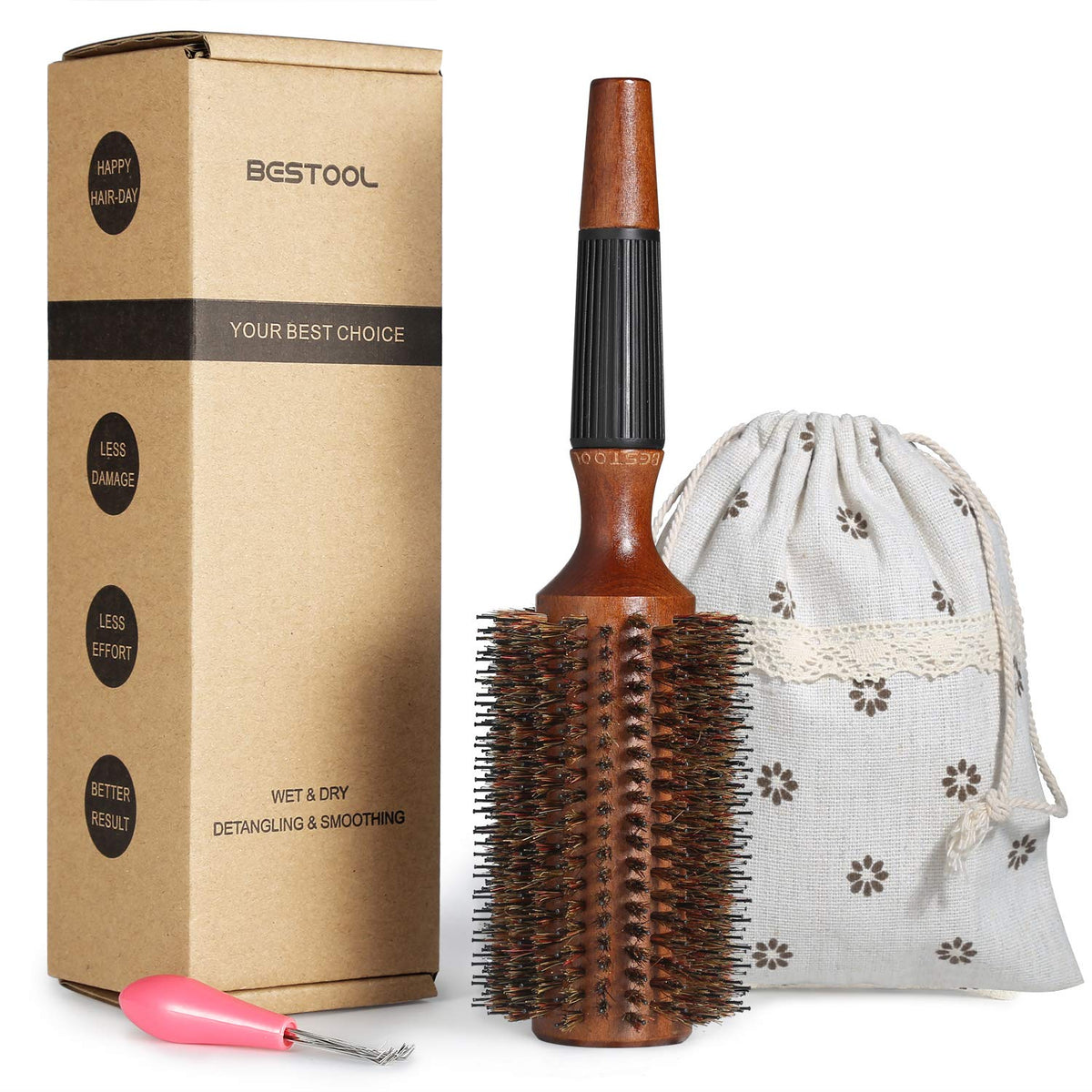 BESTOOL Round Hair Brush 2.8-inch barrel detail for smooth detangling and shine.