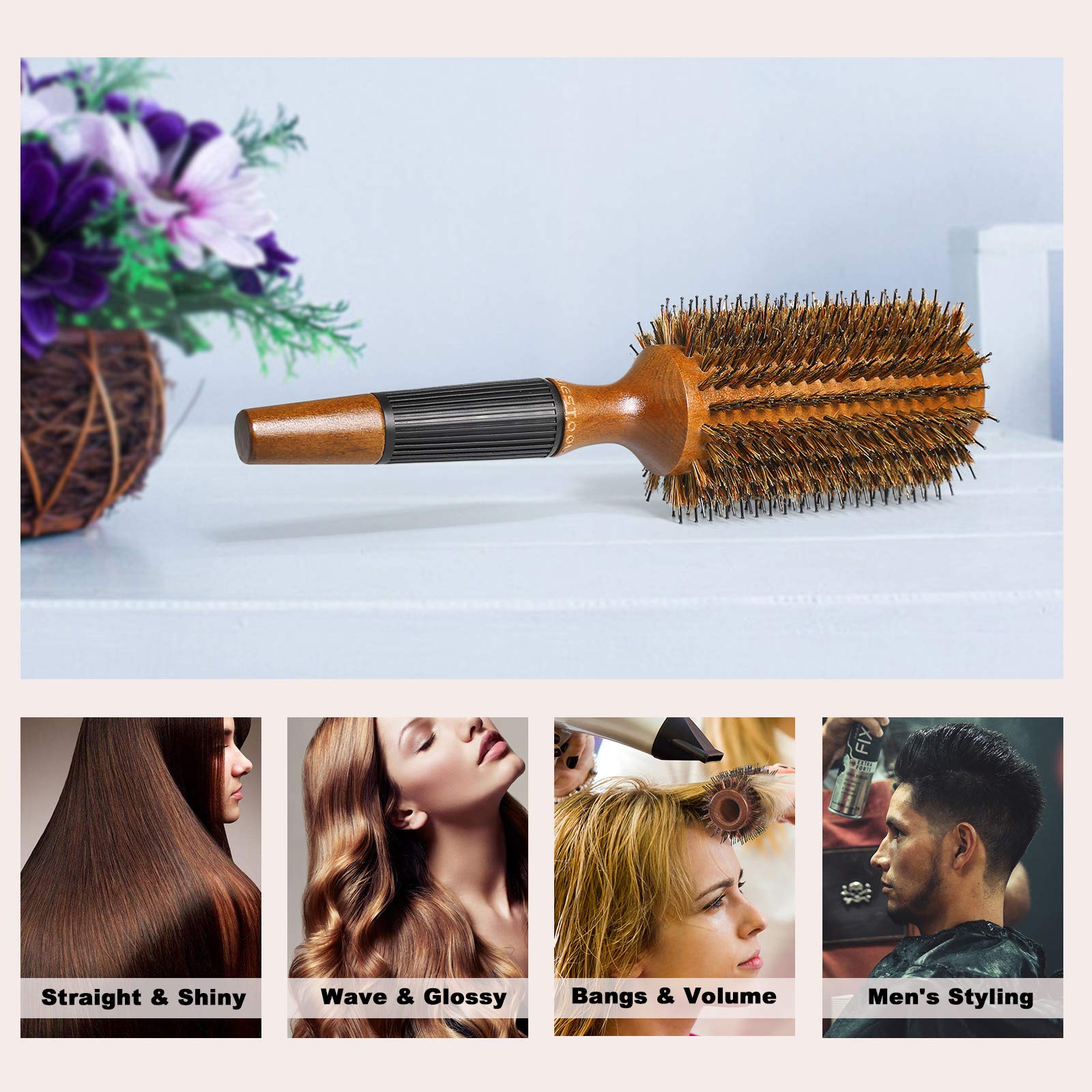 BESTOOL brush in use with blow dryer for quick volumizing blowout.
