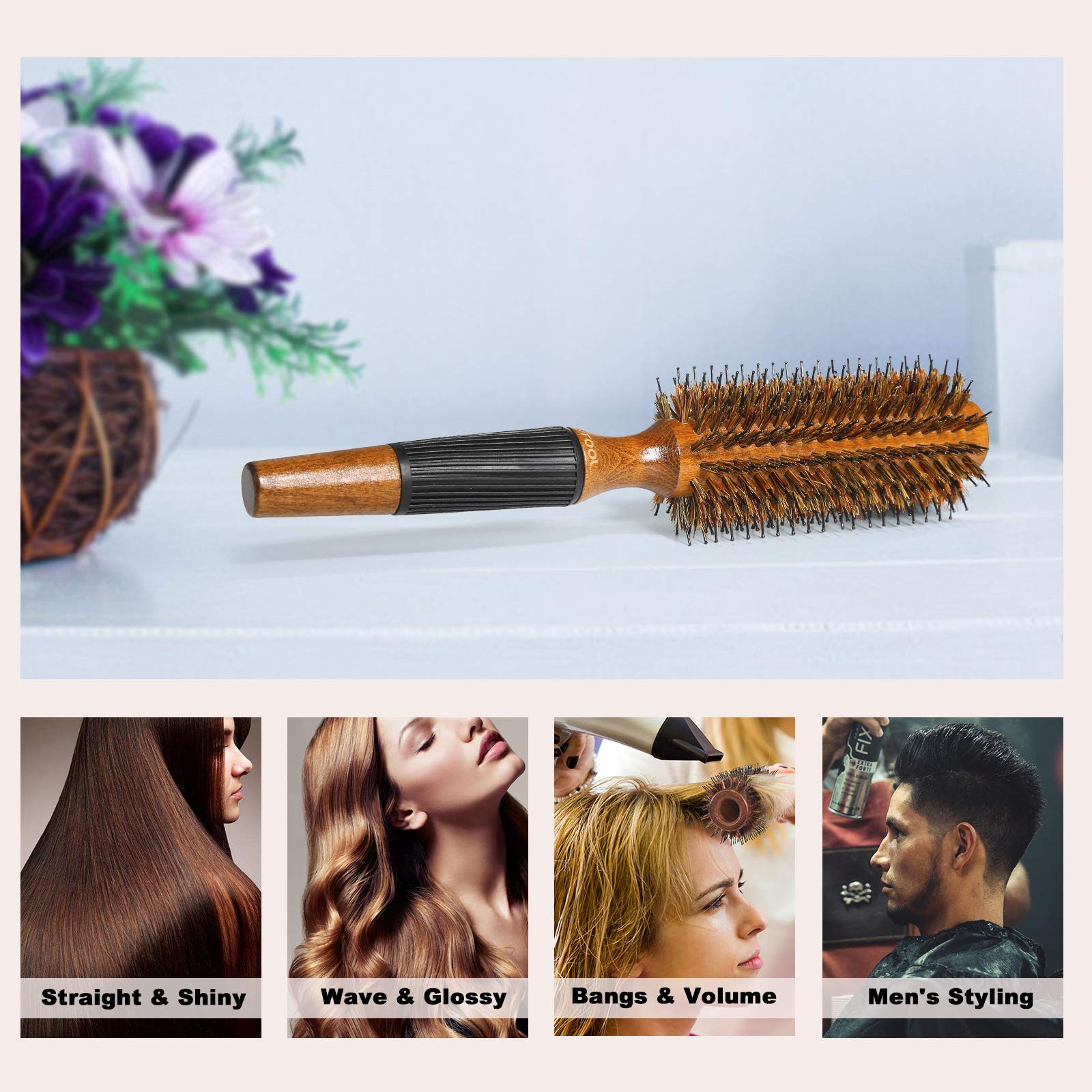BESTOOL round hair brush carried in its bag for easy styling on the go.