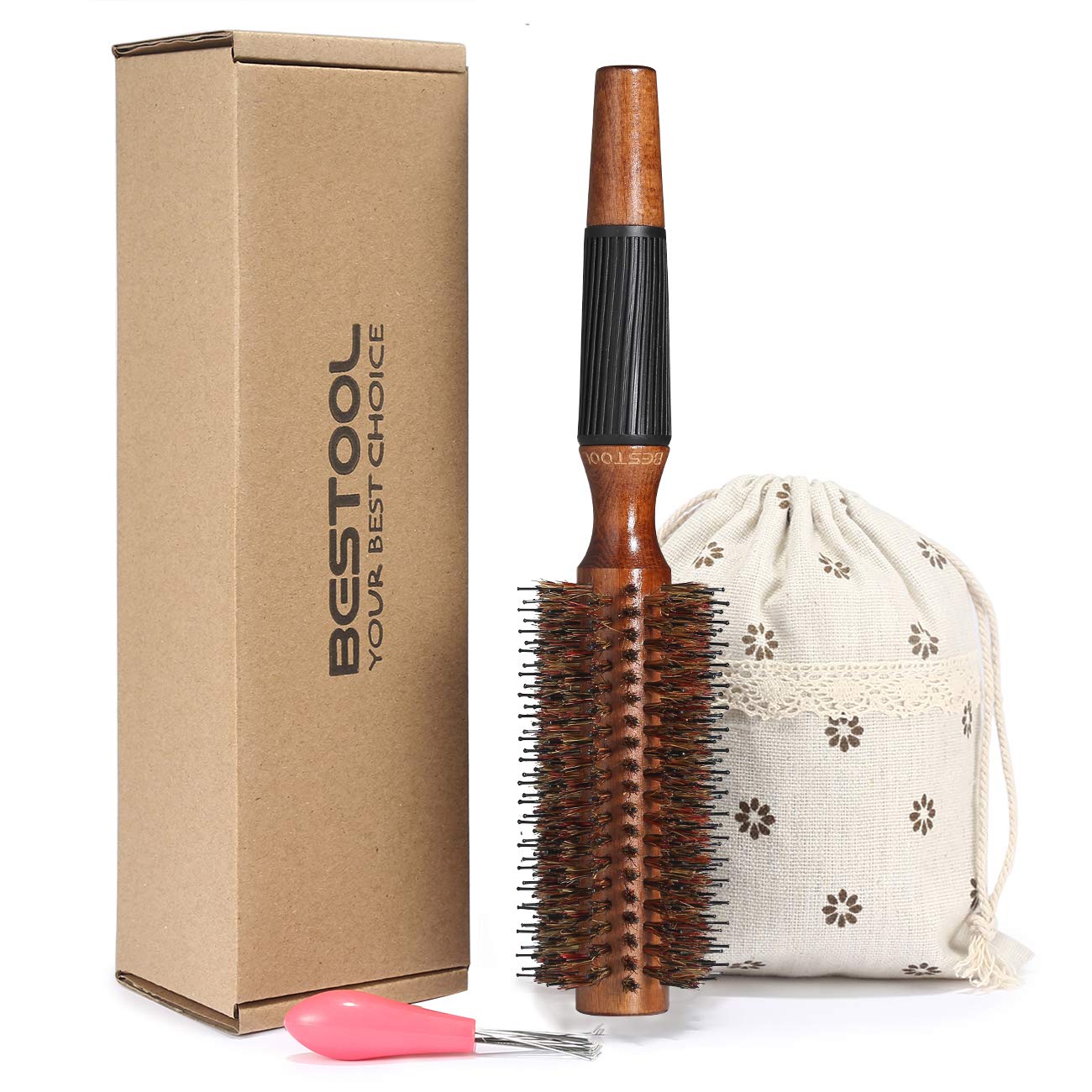BESTOOL round hair brush wooden barrel for smooth detangling and even heat distribution.