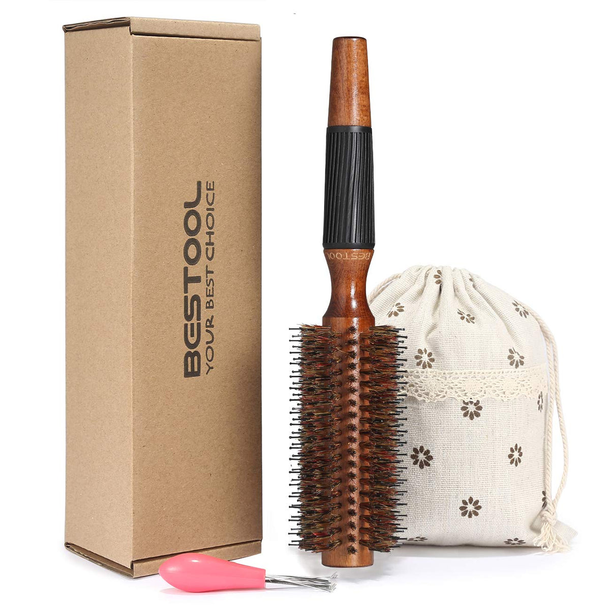 BESTOOL round hair brush wooden barrel for smooth detangling and even heat distribution.