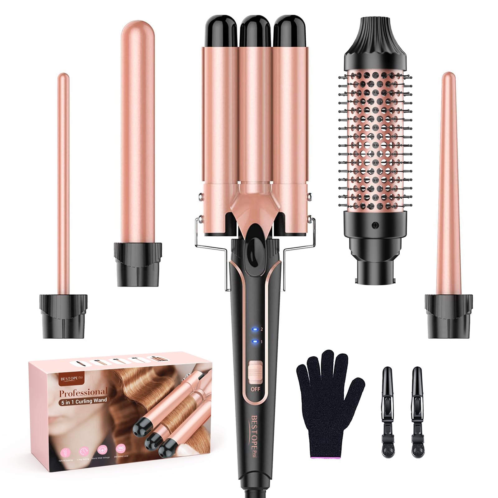 BESTOPE PRO 5-in-1 curling wand set packaging highlights versatility.
