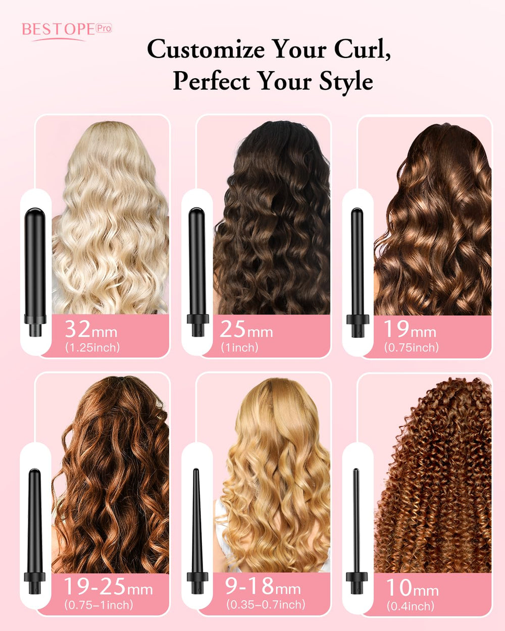 BESTOPE PRO 6-in-1 wand array with interchangeable heads for customizable curls