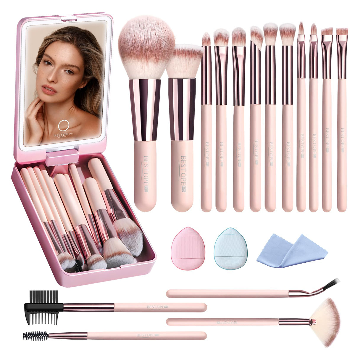 BESTOPE PRO makeup brushes with case and LED mirror, portable beauty toolkit for on-the-go makeup.