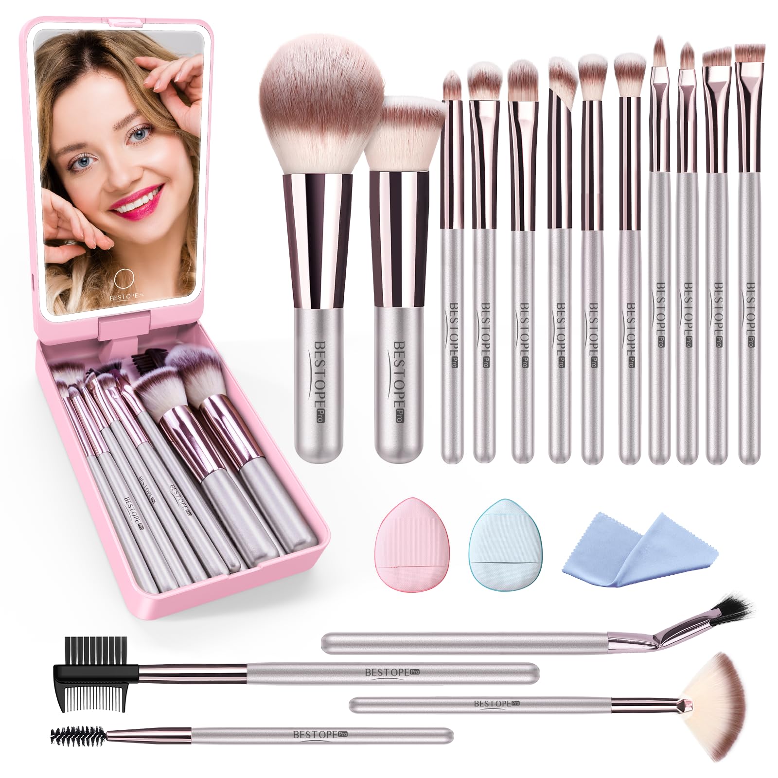 BESTOPE PRO makeup brushes with case and LED mirror for on-the-go touch-ups
