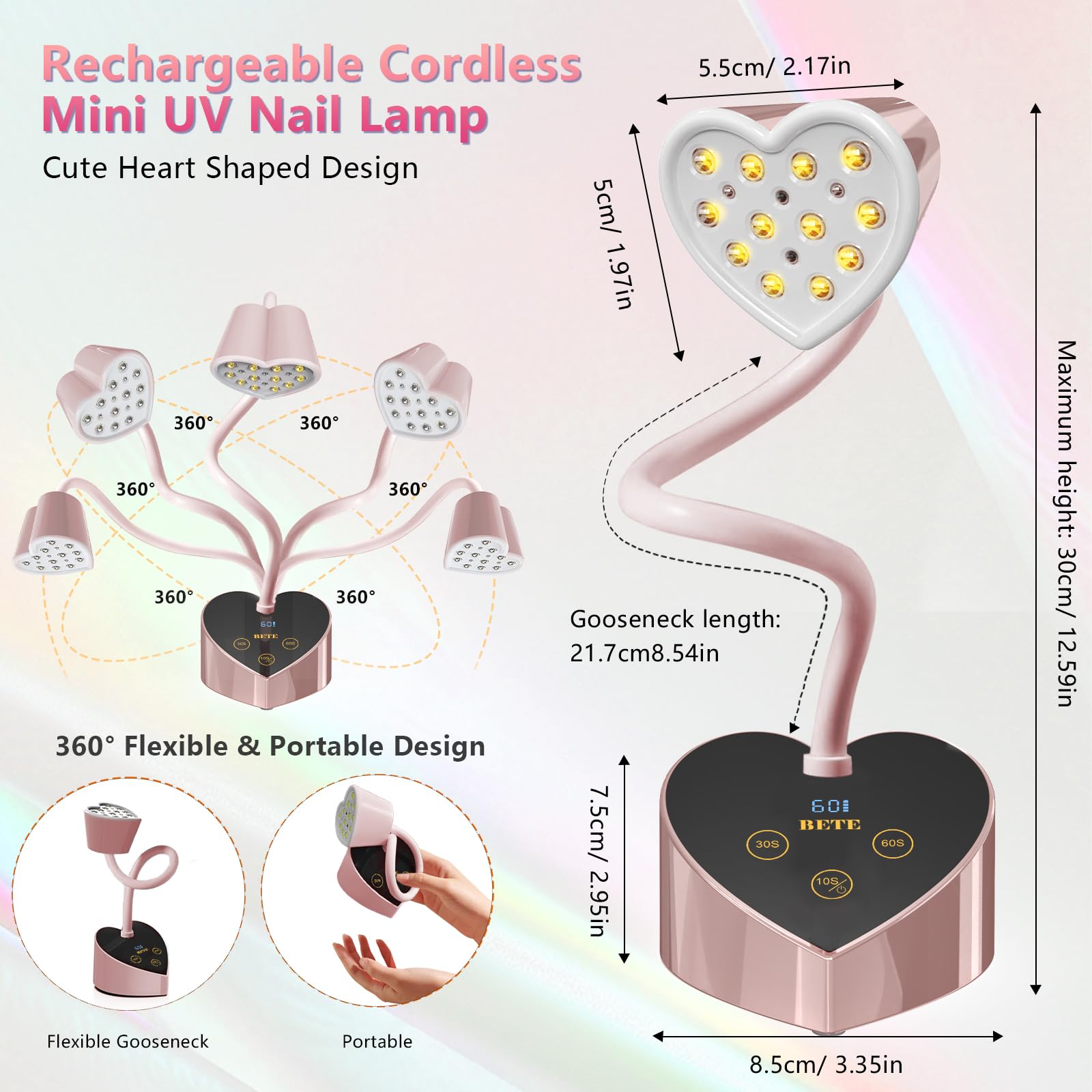 BETE cordless rechargeable nail lamp features an 1800mAh battery for portable sessions.