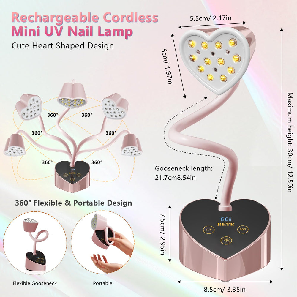 BETE cordless rechargeable nail lamp features an 1800mAh battery for portable sessions.