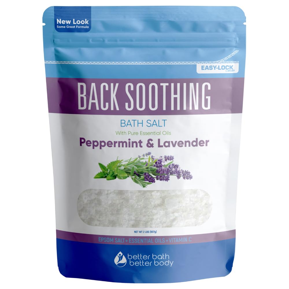Better Bath Better Body back-soothing-bath-salt-32oz bottle closeup illustrates a calming soak.