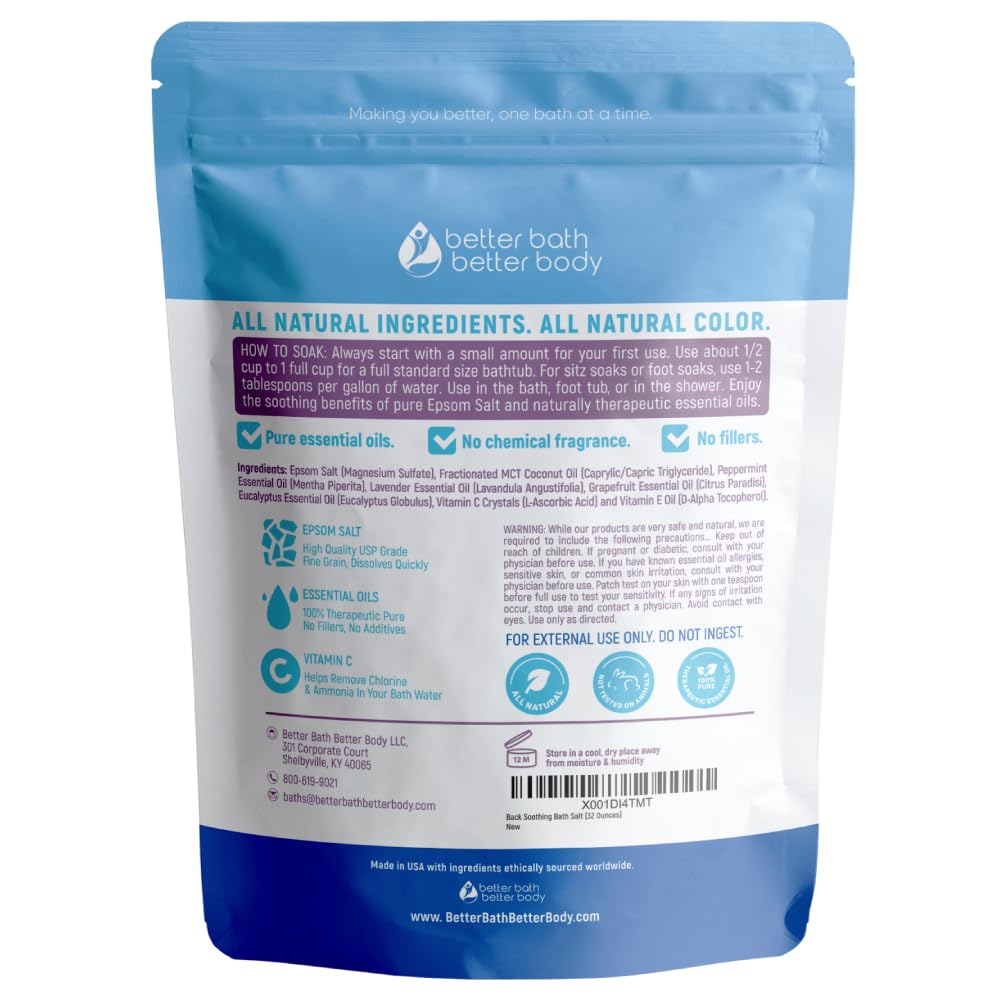 Better Bath Better Body back-soothing-bath-salt-32oz pouch with press-lock seal for easy, mess-free pouring.