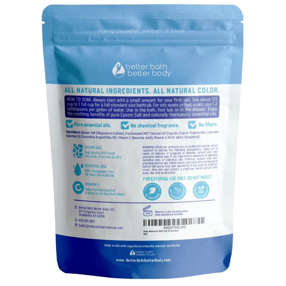 Better Bath Better Body deep-relaxation bath salt pouring into tub suggests soothing ritual.