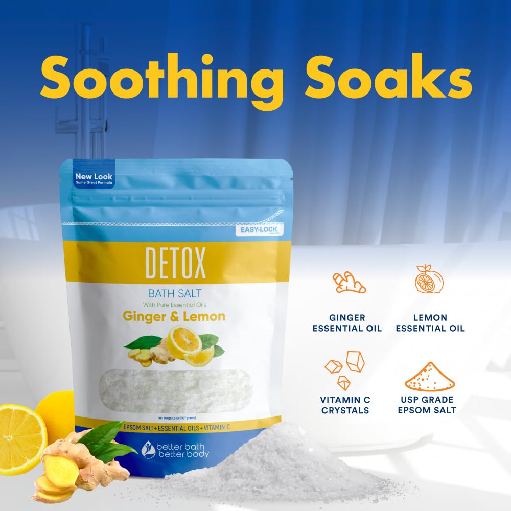 Detox Bath Salt 32 oz | Ginger & Lemon Epsom Salt with Vitamin C | Better Bath Better Body