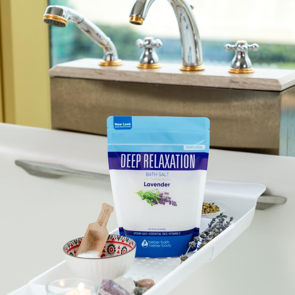 Better Bath Better Body lavender essential oil bottle spa-like relaxation in bath.