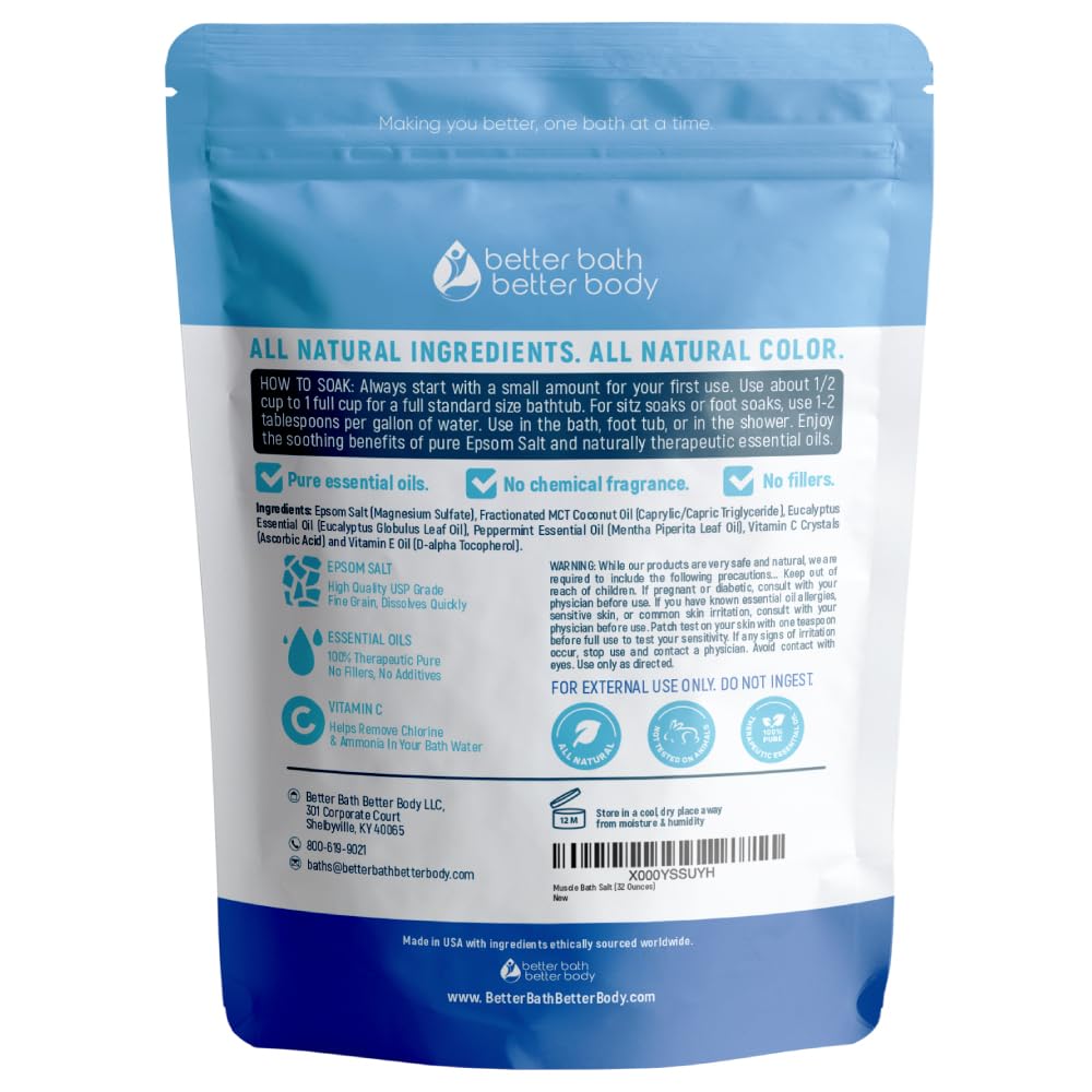 Better Bath Better Body Muscle Soak Epsom salt crystals highlight a pure mineral base.