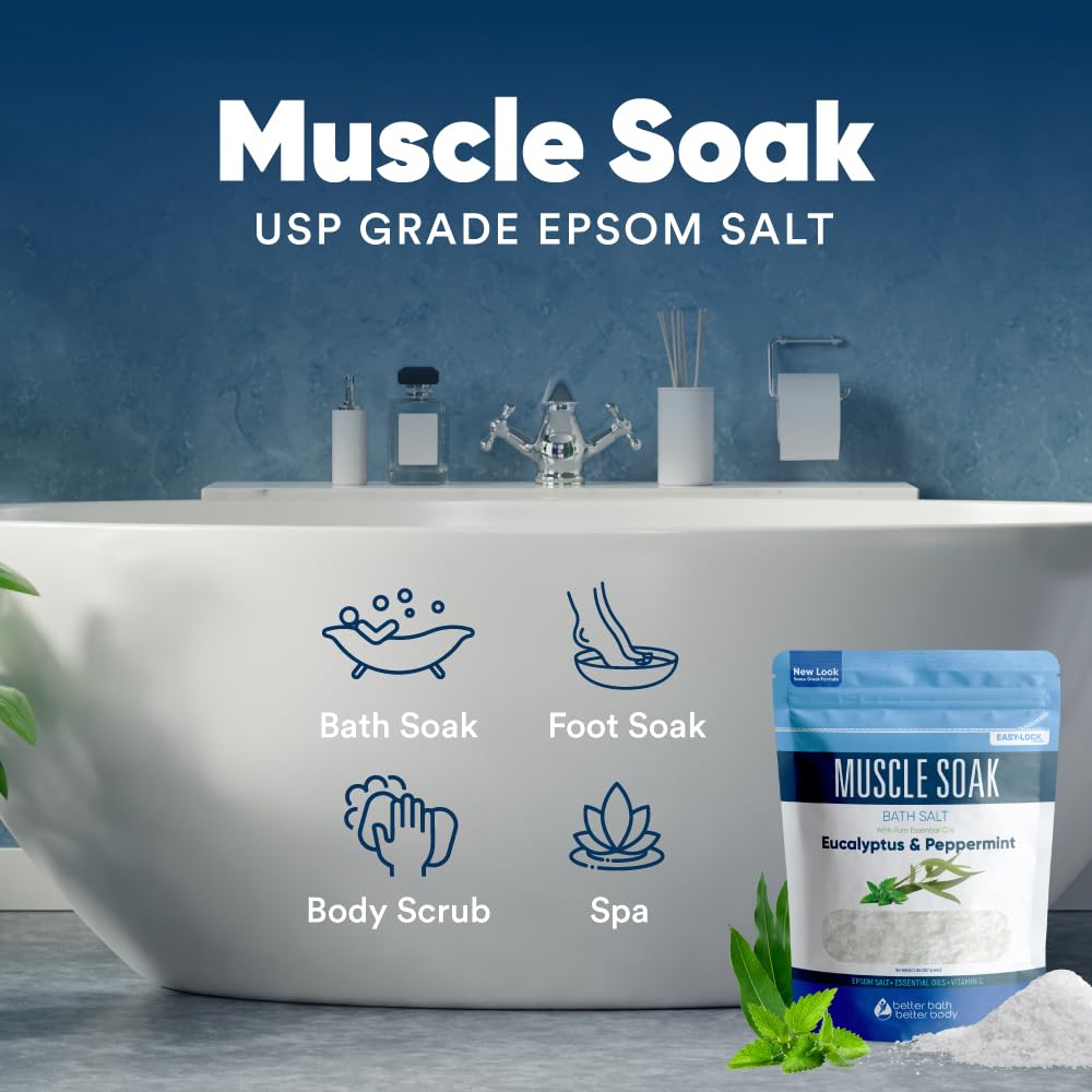 Better Bath Better Body Muscle Soak peppermint and eucalyptus oils for refreshing aromatherapy.