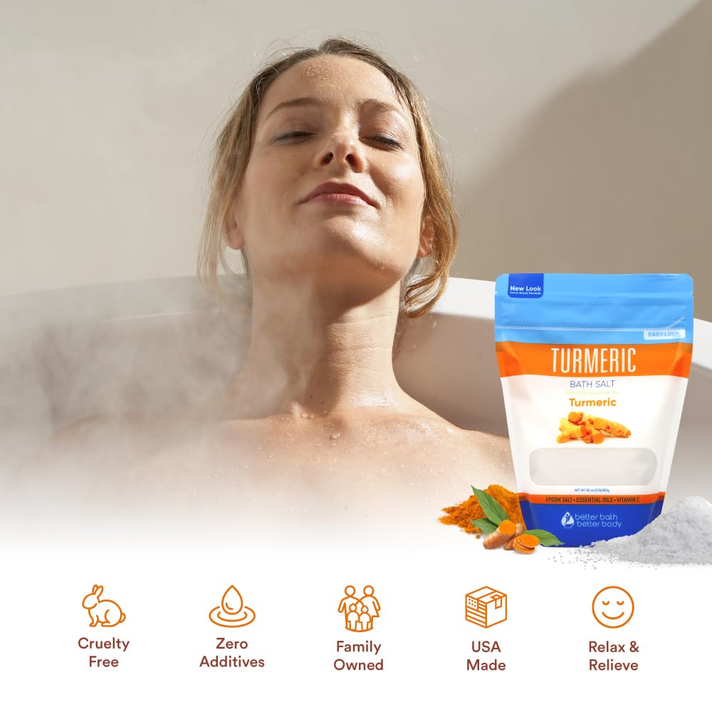 Better Bath Better Body turmeric bath salt dissolving in warm bath water releasing fragrance.