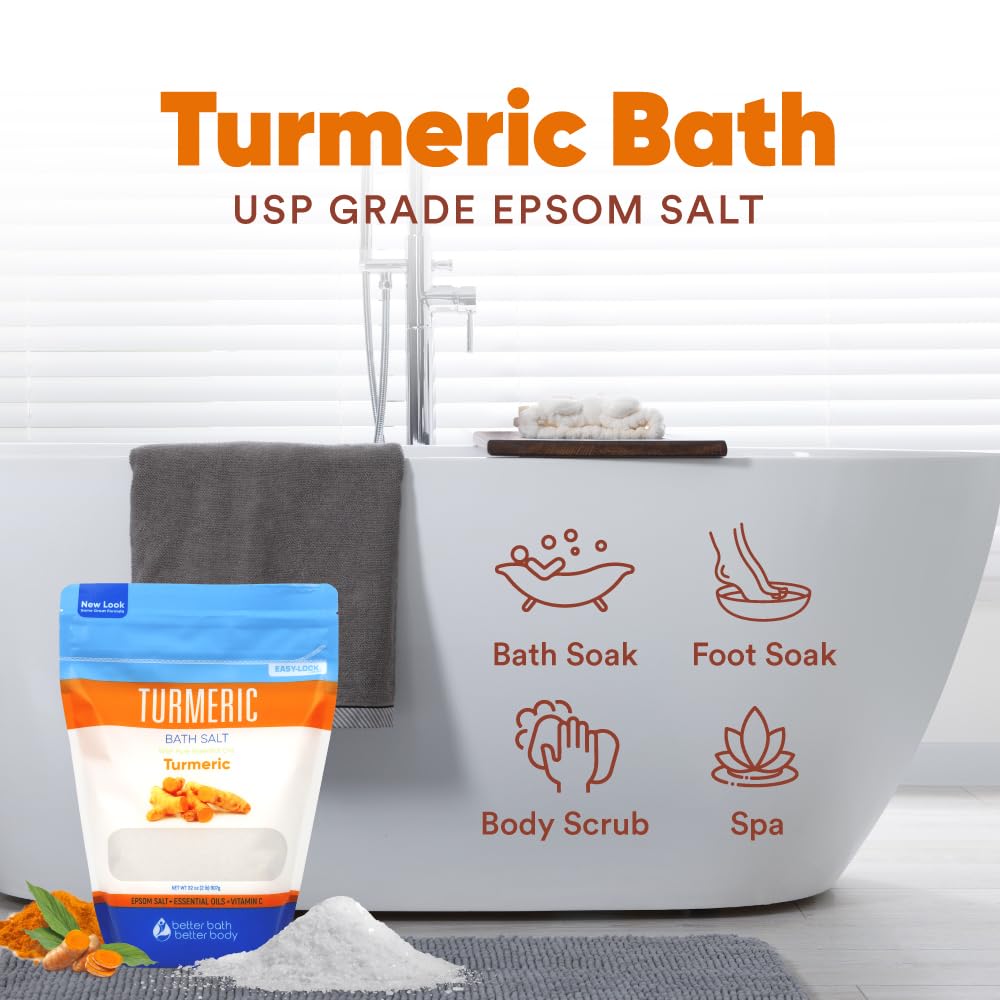 Better Bath Better Body turmeric bath salt ingredients diagram highlighting turmeric and essential oils.