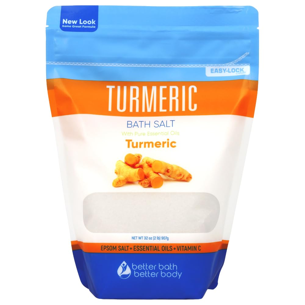 Better Bath Better Body turmeric bath salt packaging with BPA-free pouch and press-lock for easy storage.