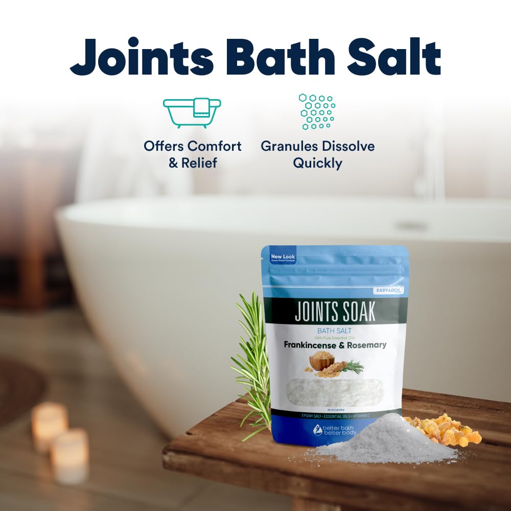 Better Bath Better Body Joints Soak vitamin-c crystals highlight bath-clarity and purity.