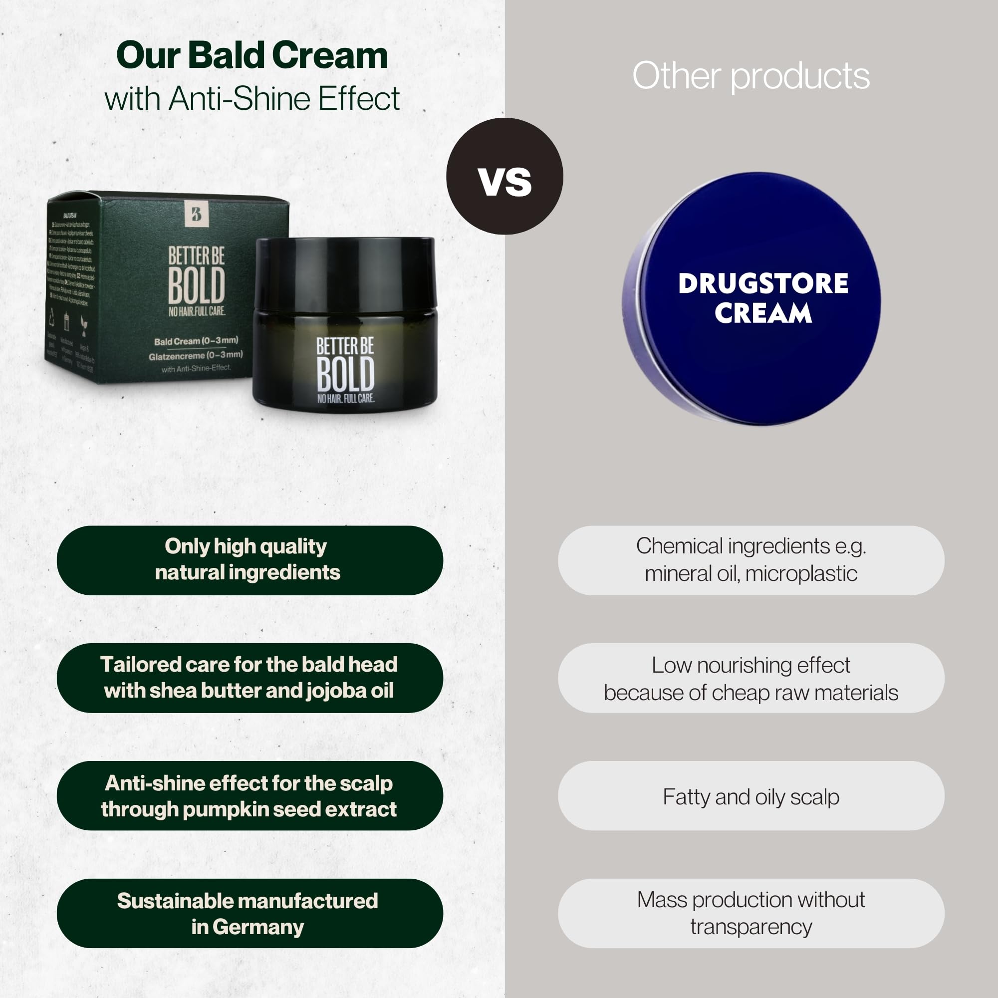 BETTER BE BOLD bald cream glass jar with UV protection preserves freshness.