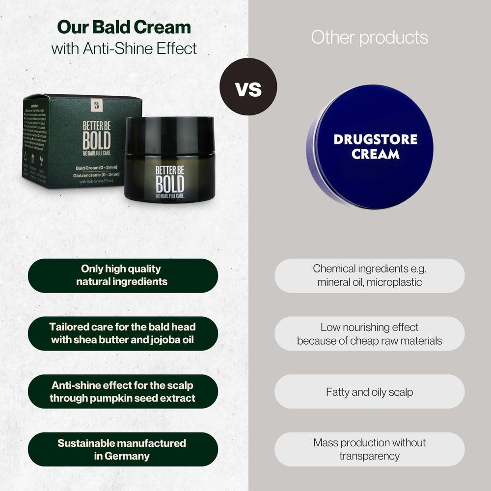BETTER BE BOLD bald cream glass jar with UV protection preserves freshness.