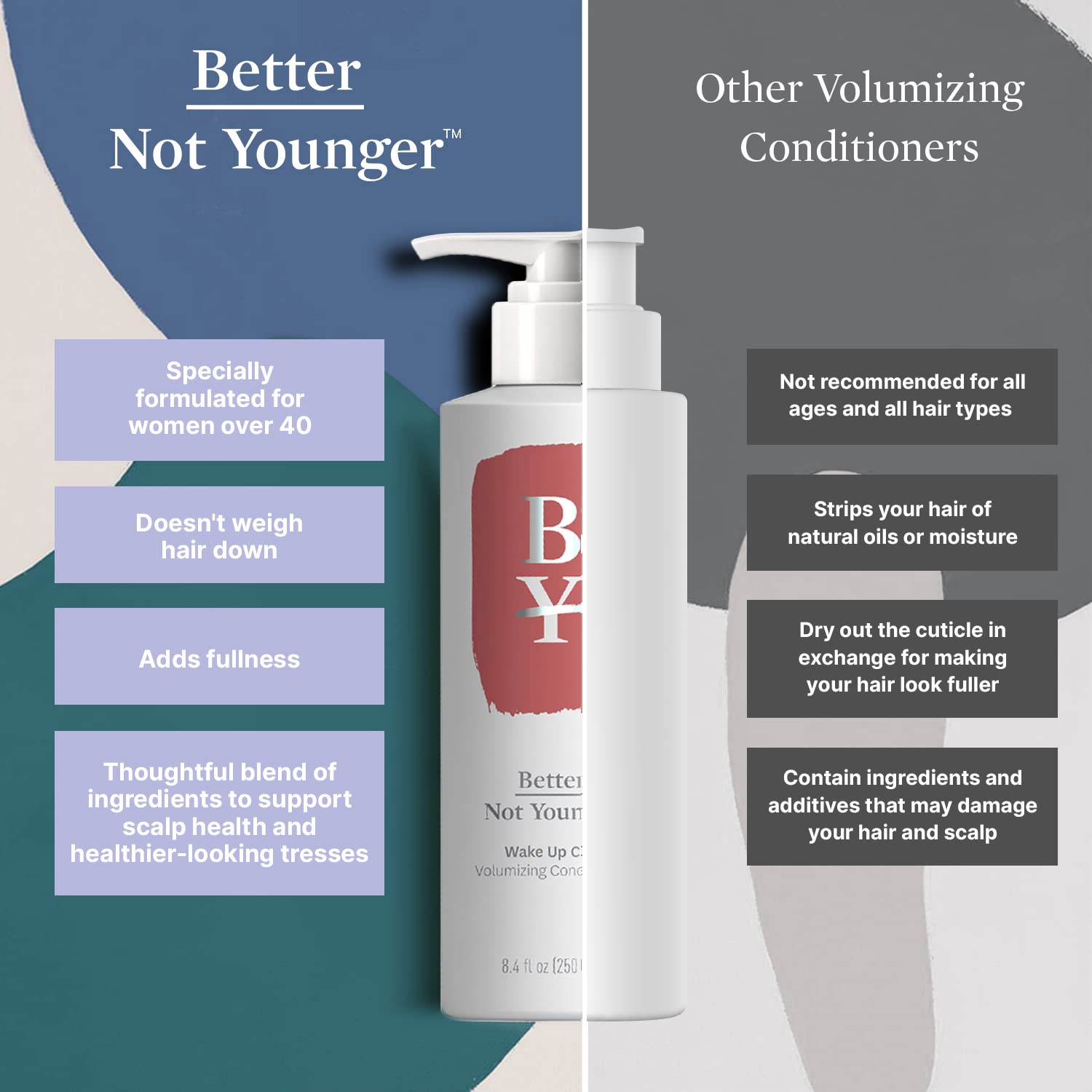 Better Not Younger Wake Up Call botanicals bamboo hops sage highlight natural nutrients for strong strands.