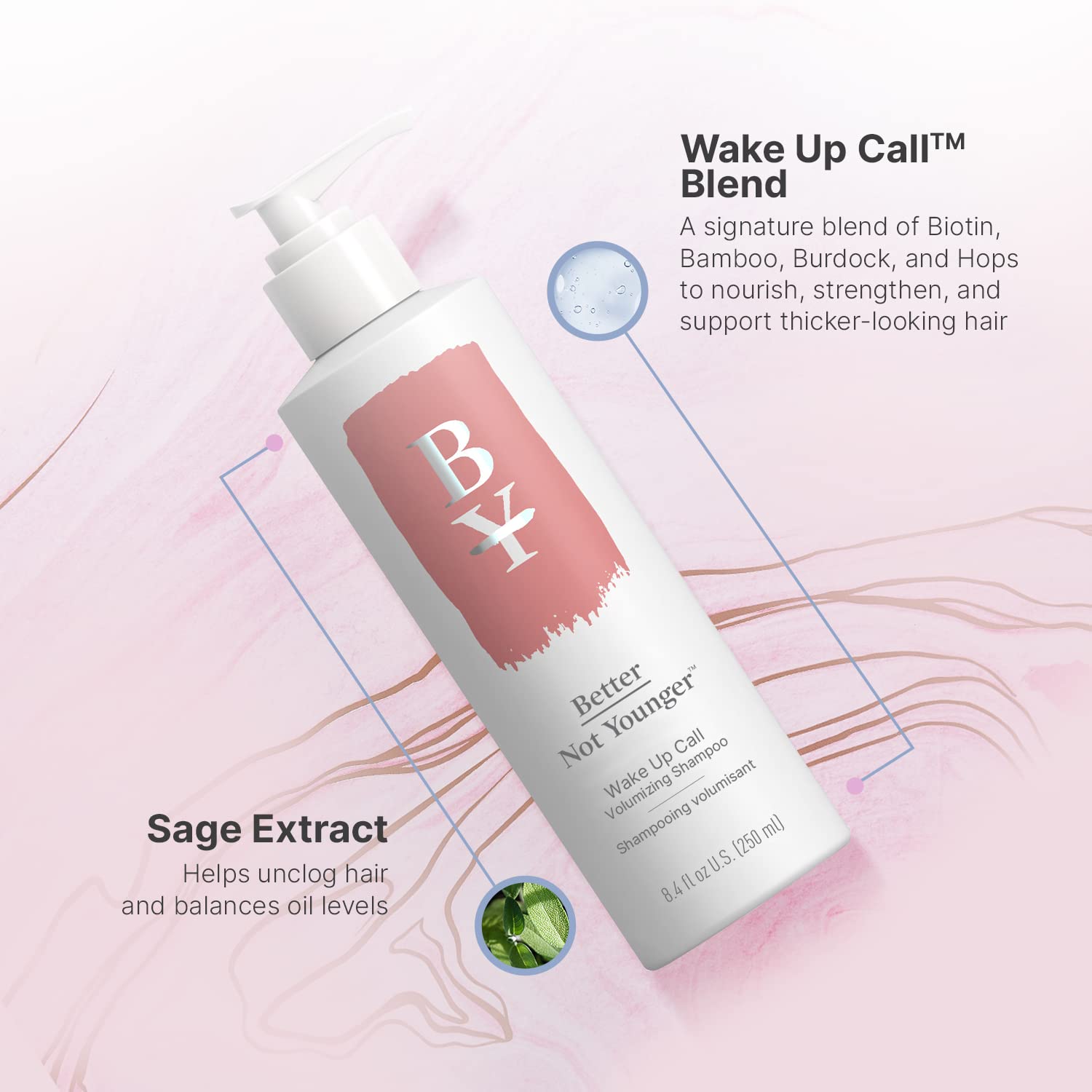 Better Not Younger Wake Up Call bottle label highlights biotin and color-safe formula.