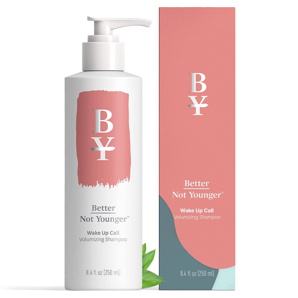 Better Not Younger Wake Up Call shampoo bottle showing volumizing lift for thinner hair.