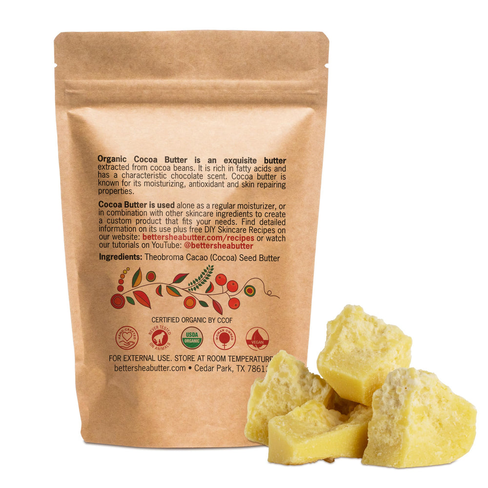 Better Shea Butter cocoa butter ingredients label—organic vegan, food-grade.