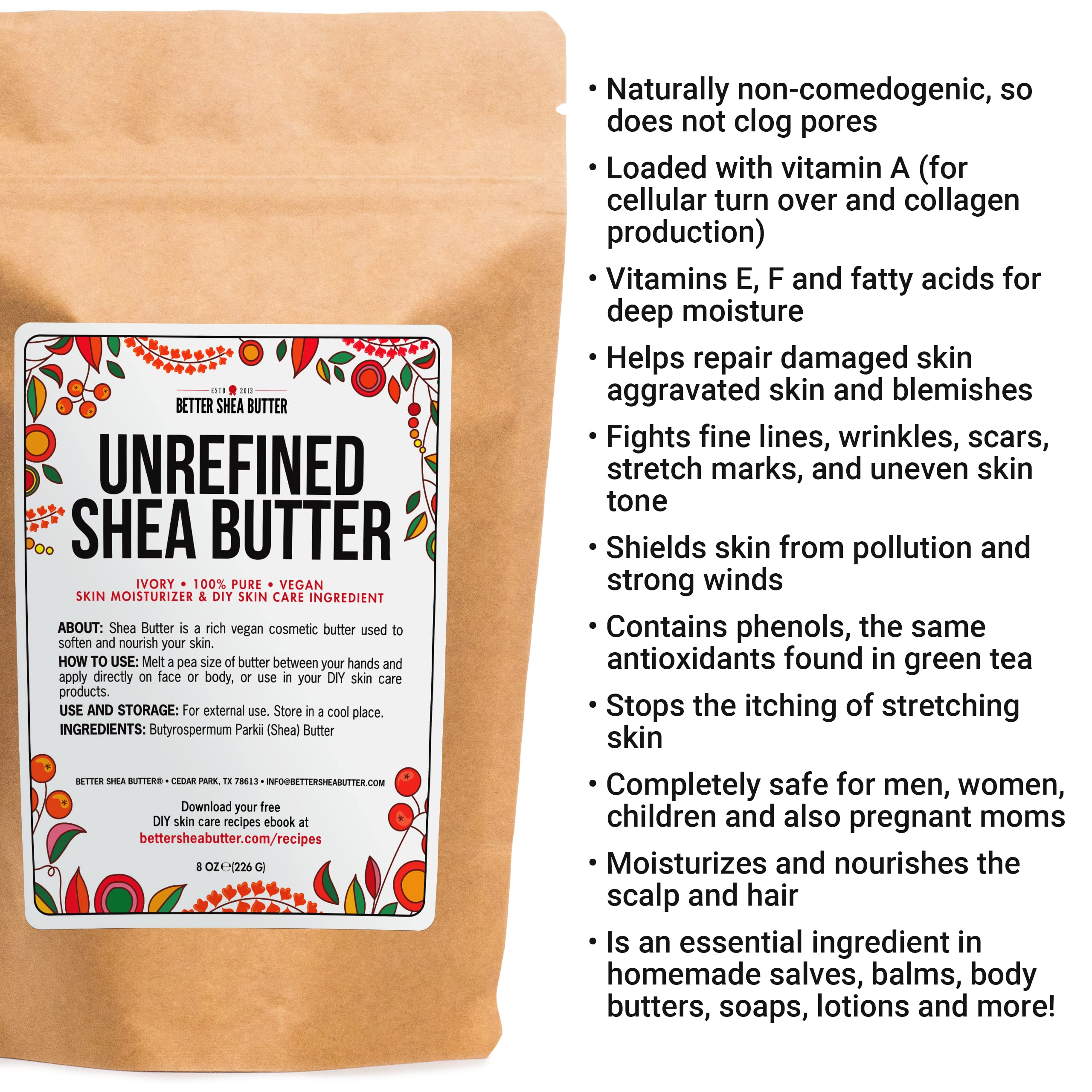 Better Shea Butter packaging 8oz block emphasizes convenient, travel-friendly size.