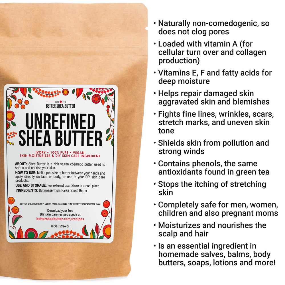 Better Shea Butter packaging 8oz block emphasizes convenient, travel-friendly size.