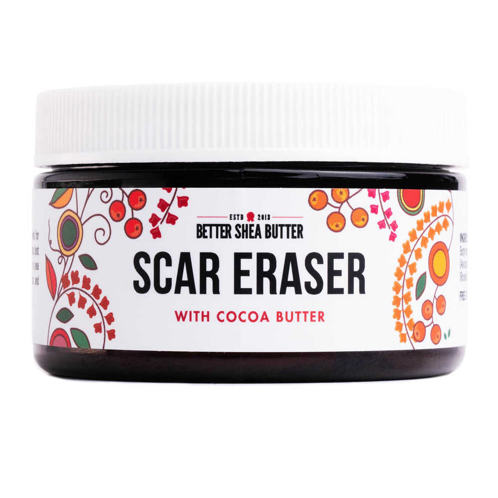 Better Shea Butter Scar Eraser Balm jar closeup showing cocoa butter for nourishment