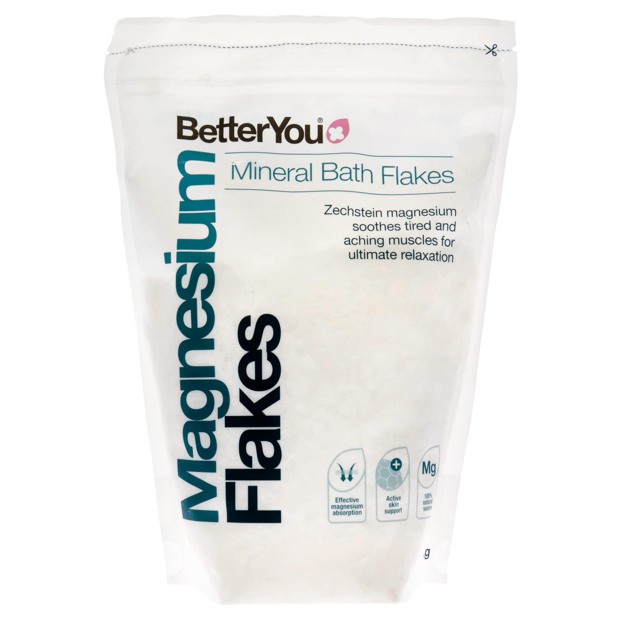 BetterYou magnesium flakes close-up highlighting crystalline texture for muscle relief and relaxation.